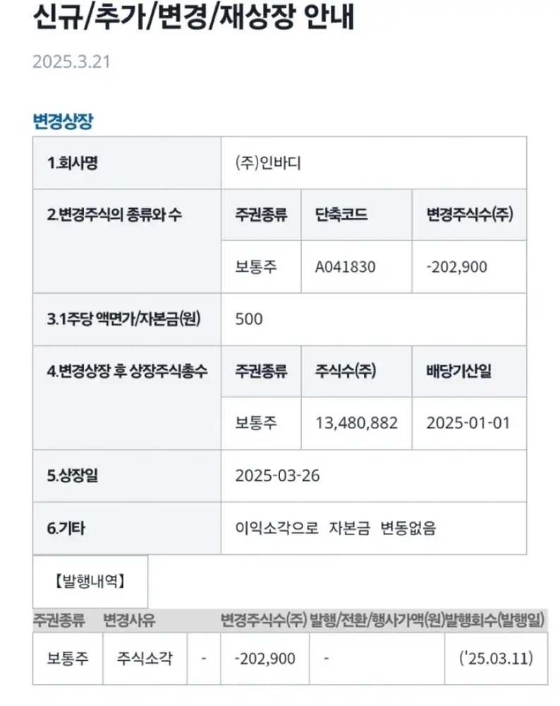 인바디 상장주식 소각 관련 공시 이미지
