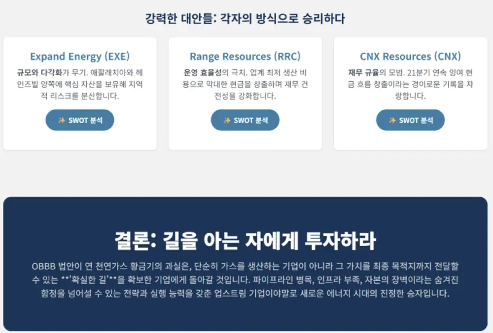 미국 가스 업스트림 후보군과 투자 결론을 보여주는 원문 그래픽 5