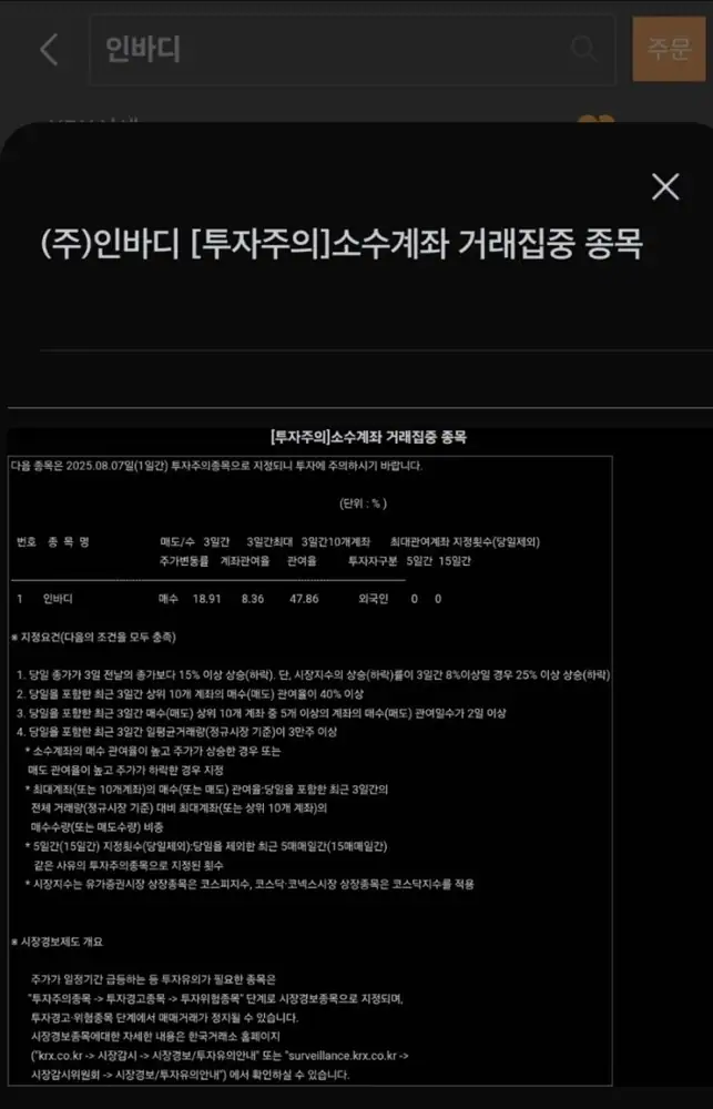 인바디 투자주의공시 소수계좌거래집중 이미지