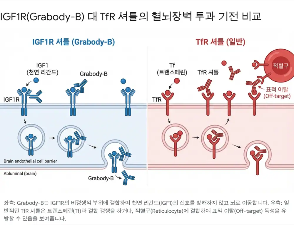 IGF1R 기반 Grabody-B와 TfR 기반 추정 셔틀의 작동 원리 비교 이미지