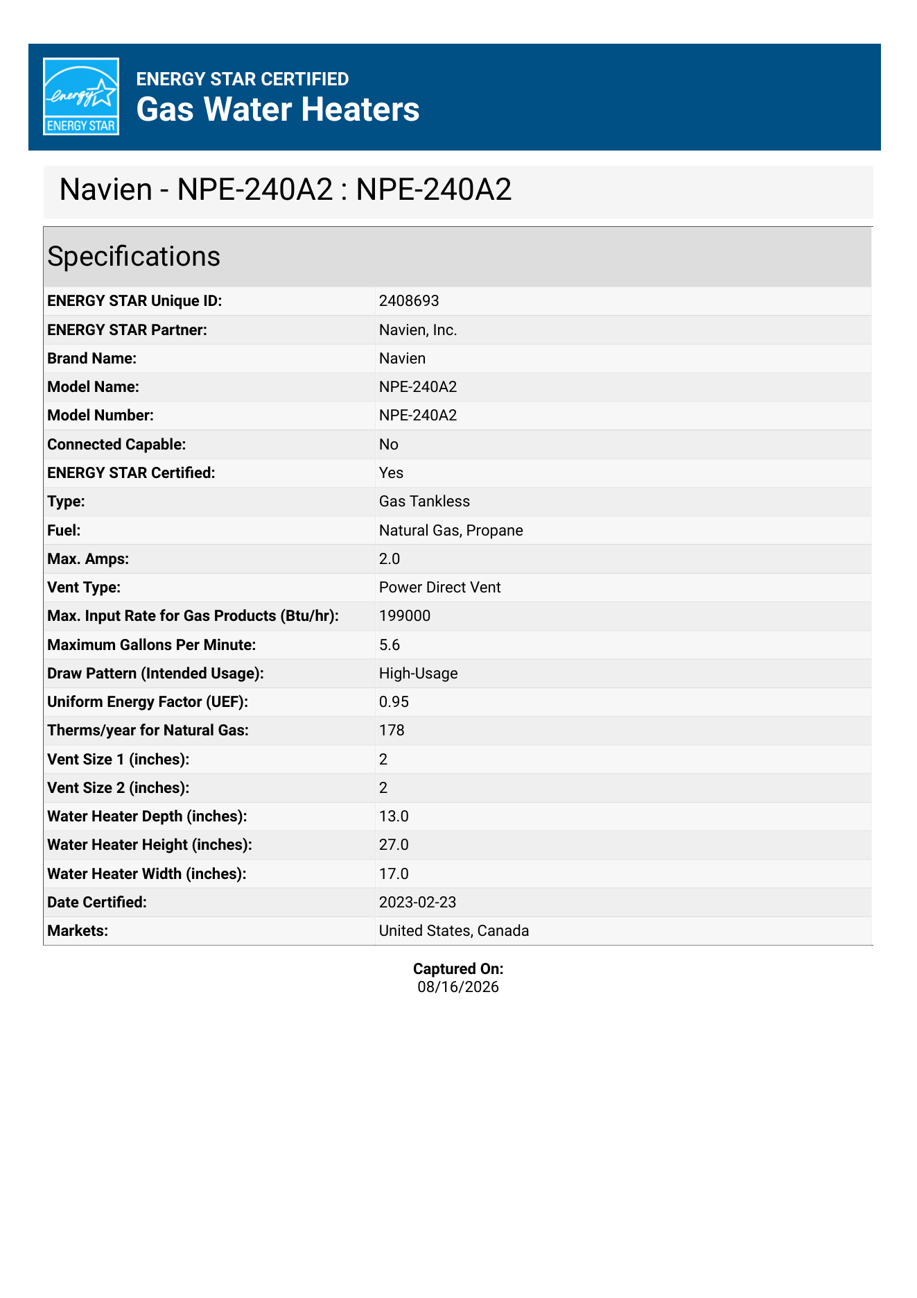 Navien NPE-240A2 ENERGY STAR 인증
